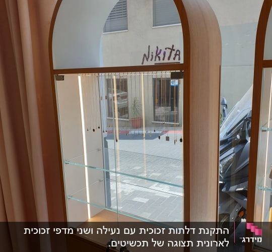 ארון תצוגה עם מדפי זכוכית ודלתות זכוכית